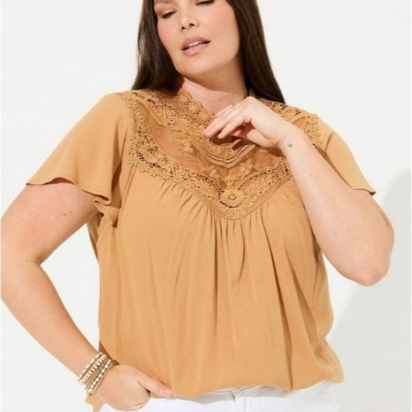 Crinkle Gauze Yoke Flutter Short Sleeve top 3x - Picture 1 of 4